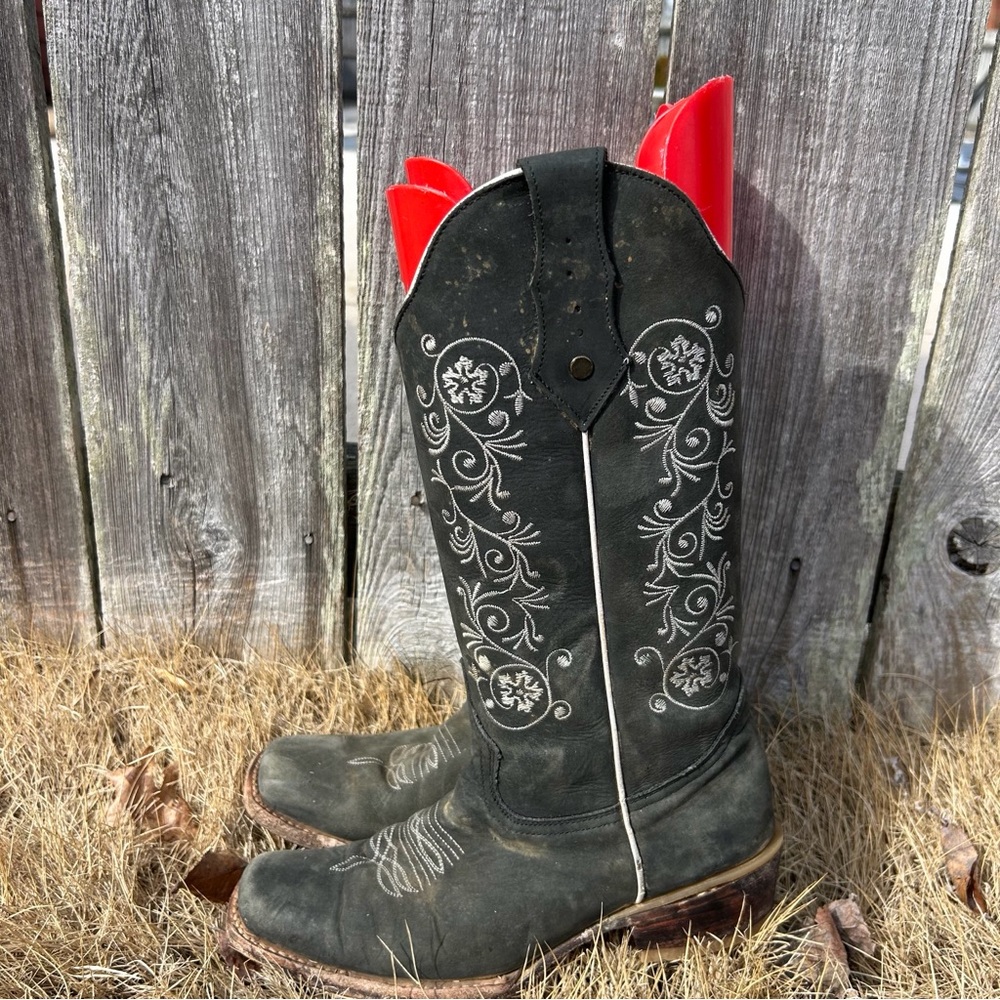 Womens Black Leather Floral Embroidered Square Toe Western Cowboy Boots Size 7